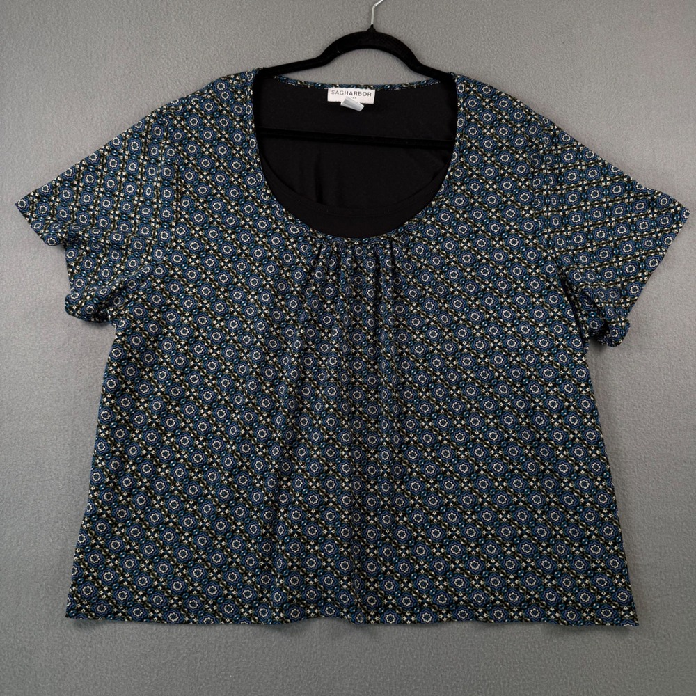 Sag Harbor Woman 3X Blouse Blue Geometric Floral Scoop Neck Short Sleeve